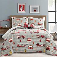 vibrant reversible fire truck print quilt set - make a wish, twin size in red & gray logo