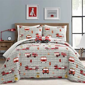 img 4 attached to Vibrant Reversible Fire Truck Print Quilt Set - Make A Wish, Twin Size in Red & Gray