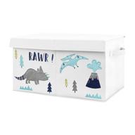 🦖 multi-functional toy organizer for mod dinosaur collection - sweet jojo designs navy blue, turquoise, and grey small fabric storage box chest for baby nursery or kids room logo