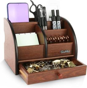 img 1 attached to 📦 Versatile Wooden Desk Organizer with Drawer | Remote Control Holder, Pencil Pen Holder | 5 Compartments Multifunctional Caddy for Home or Office (8.1inx5.7inx5.9in)