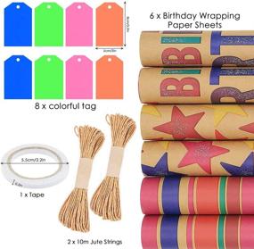 img 2 attached to 🎁 Colorful Kraft Wrapping Paper Birthday Roll Set, 6 Sheets - Ideal for All Occasions: Happy Birthday, Rainbow Stripe and Star Designs - Includes Fluorescence Tags, Tape, and Jute String - Perfect for Kids, Girls, Boys, Women, Men