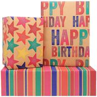 🎁 colorful kraft wrapping paper birthday roll set, 6 sheets - ideal for all occasions: happy birthday, rainbow stripe and star designs - includes fluorescence tags, tape, and jute string - perfect for kids, girls, boys, women, men logo