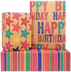 img 4 attached to 🎁 Colorful Kraft Wrapping Paper Birthday Roll Set, 6 Sheets - Ideal for All Occasions: Happy Birthday, Rainbow Stripe and Star Designs - Includes Fluorescence Tags, Tape, and Jute String - Perfect for Kids, Girls, Boys, Women, Men