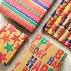 img 1 attached to 🎁 Colorful Kraft Wrapping Paper Birthday Roll Set, 6 Sheets - Ideal for All Occasions: Happy Birthday, Rainbow Stripe and Star Designs - Includes Fluorescence Tags, Tape, and Jute String - Perfect for Kids, Girls, Boys, Women, Men