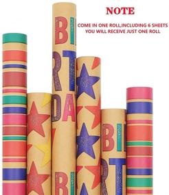 img 3 attached to 🎁 Colorful Kraft Wrapping Paper Birthday Roll Set, 6 Sheets - Ideal for All Occasions: Happy Birthday, Rainbow Stripe and Star Designs - Includes Fluorescence Tags, Tape, and Jute String - Perfect for Kids, Girls, Boys, Women, Men