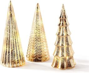 img 4 attached to 🌲 Champagne Gold Mercury Glass Christmas Tree Decoration Set - 3 Assorted Trees with Fairy Lights, 10 Inch Tall – Batteries Included! Perfect Mantle Decor or Holiday Table Centerpiece
