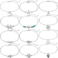 🌊 set of 12 starain anklets for women and girls - gold and silver ankle bracelets with beach-themed turtle and elephant chains - adjustable foot jewelry logo