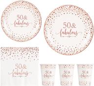 crisky rose gold 50th birthday party supplies set - 50 fabulous napkins plates cups, disposable tableware pack of 24 (9-inch plates, 7-inch plates, luncheon napkins, 9oz cups) logo