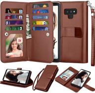 📱 galaxy note 9 wallet case - njjex luxury pu leather folio cover with 9 card slots, detachable kickstand, magnetic closure, and wrist strap for samsung note 9 (brown) logo