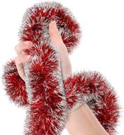 🎄 christmas red frost tip tinsel garland: metallic streamer for festive holiday, new year, celebrations - indoor and outdoor ceiling hanging decorations & disco party supplies by treasures gifted logo