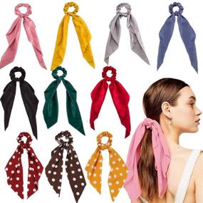 img 4 attached to 🎀 Soft Hair Scarf Scrunchies for Women: 10 Pcs Bow Hair Ties with Ribbon - Stylish Ponytail Holders for Girls