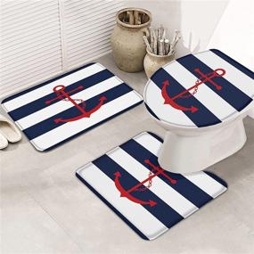 img 3 attached to 🚽 Navy Blue Stripe Bathroom Rug Set - 3 Pieces: Toilet Seat Cover, Rug with Red Anchor Print, Contour Rug, Pedestal Mat, and Toilet Lid Cover - Non-Slip Bathroom Floor Mats - Sizes: 20"x31", 16"x18", 16"x20