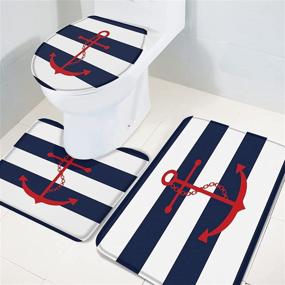 img 2 attached to 🚽 Navy Blue Stripe Bathroom Rug Set - 3 Pieces: Toilet Seat Cover, Rug with Red Anchor Print, Contour Rug, Pedestal Mat, and Toilet Lid Cover - Non-Slip Bathroom Floor Mats - Sizes: 20"x31", 16"x18", 16"x20