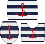 🚽 navy blue stripe bathroom rug set - 3 pieces: toilet seat cover, rug with red anchor print, contour rug, pedestal mat, and toilet lid cover - non-slip bathroom floor mats - sizes: 20"x31", 16"x18", 16"x20 логотип