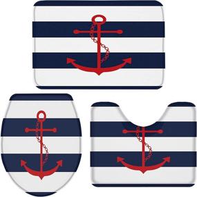 img 4 attached to 🚽 Navy Blue Stripe Bathroom Rug Set - 3 Pieces: Toilet Seat Cover, Rug with Red Anchor Print, Contour Rug, Pedestal Mat, and Toilet Lid Cover - Non-Slip Bathroom Floor Mats - Sizes: 20"x31", 16"x18", 16"x20