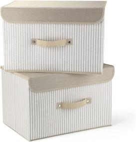 img 4 attached to 📦 MEE'LIFE Foldable Storage Bins Set - Pack of 2 Fabric Baskets with Lids and Handles for Nursery, Closet, Bedroom - Cream Stripes