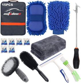 img 4 attached to 🚗 Premium AUTODECO 15-Piece Car Wash Cleaning Tools Kit for Complete Interior Car Care: Chenille Microfiber Wash Mitt, Towels, Sponge, Tire Brush, Window Scraper & Duster - Blue Canvas Bag Included