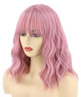 women's bob hair wigs – topcosplay pastel pink, short wavy curly shoulder length wig with air bangs logo