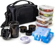 🍱 insulated meal prep lunch box: 6 food portion control containers, bpa-free, reusable, microwavable, freezer safe - includes shaker cup, pill organizer, shoulder strap & storage pocket (black) логотип