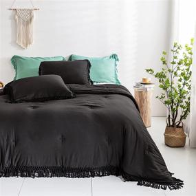 img 2 attached to 🌸 Boho Chic Black Comforter Set with Fringe Ruffle Design - Queen Size, Ultra Soft Microfiber Fill Bedding with Pillow Shams, Warm and Stylish (Black, Queen)