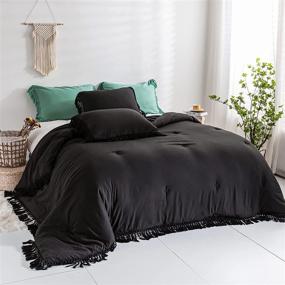 img 4 attached to 🌸 Boho Chic Black Comforter Set with Fringe Ruffle Design - Queen Size, Ultra Soft Microfiber Fill Bedding with Pillow Shams, Warm and Stylish (Black, Queen)