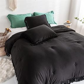 img 1 attached to 🌸 Boho Chic Black Comforter Set with Fringe Ruffle Design - Queen Size, Ultra Soft Microfiber Fill Bedding with Pillow Shams, Warm and Stylish (Black, Queen)