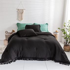 img 3 attached to 🌸 Boho Chic Black Comforter Set with Fringe Ruffle Design - Queen Size, Ultra Soft Microfiber Fill Bedding with Pillow Shams, Warm and Stylish (Black, Queen)