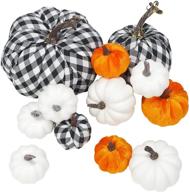 🎃 qbsm 12 pcs assorted fall artificial pumpkins set: buffalo plaid, harvest white, orange velvet - perfect for fall harvest festival, thanksgiving decoration or halloween decor logo