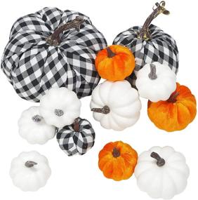 img 4 attached to 🎃 QBSM 12 Pcs Assorted Fall Artificial Pumpkins Set: Buffalo Plaid, Harvest White, Orange Velvet - Perfect for Fall Harvest Festival, Thanksgiving Decoration or Halloween Decor