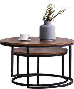 img 4 attached to 🔘 Modern Round Walnut Top Coffee Table Set of 2 Nesting Tables for Living Room and Small Space – Black, 32” Knowlife End Table