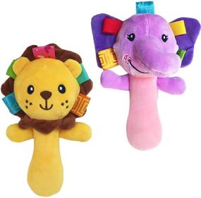 img 4 attached to 🦁 Cute and Colorful Cartoon Stuffed Animal Baby Soft Plush Hand Rattle Squeaker Sticks for Toddlers - Elephant and Lion