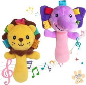 img 3 attached to 🦁 Cute and Colorful Cartoon Stuffed Animal Baby Soft Plush Hand Rattle Squeaker Sticks for Toddlers - Elephant and Lion