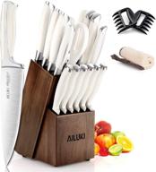 professional 18-piece kitchen knife set: high carbon german stainless steel with wooden block and sharpener - ultra sharp, full tang forged white knives set logo