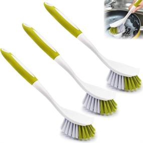 img 4 attached to 🧼 3 Pack Kitchen Scrub Brushes with Long Handle, Stiff Bristles for Pot, Pan, Bathroom Cleaning - Dish & Sink Brush Set, Yellow-Green