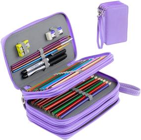 img 4 attached to 🖍️ YOUSHARES 72-Slot Pencil Case - Large PU Leather Zippered Pen Bag with Handle Strap for Colored/Watercolor Pencil (Purple)