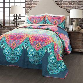 img 4 attached to 🛏️ Lush Decor Boho Chic Reversible 3 Piece Quilt Bedding Set - Turquoise/Navy - King: Revolutionize your Bed with Elegant Comfort