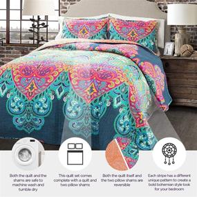 img 3 attached to 🛏️ Lush Decor Boho Chic Reversible 3 Piece Quilt Bedding Set - Turquoise/Navy - King: Revolutionize your Bed with Elegant Comfort