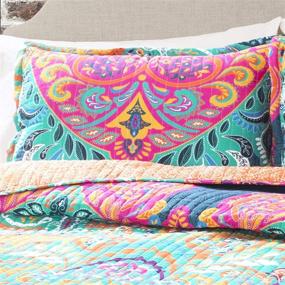 img 2 attached to 🛏️ Lush Decor Boho Chic Reversible 3 Piece Quilt Bedding Set - Turquoise/Navy - King: Revolutionize your Bed with Elegant Comfort