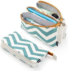 img 4 attached to 🎒 Large Capacity Green Stripe Pencil Pouch with 3 Pockets and Zipper - Perfect Stationery Bag for Students, Teens, and Adults