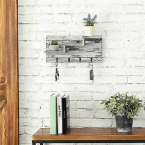 img 3 attached to 🔑 Rustic Graywashed Wood Key Rack with 3-Tier Staggered Display Shelves and 4 Hooks by MyGift - Wall Mounted Organizer for Keys and More