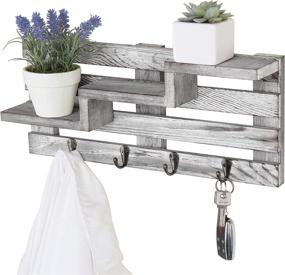 img 4 attached to 🔑 Rustic Graywashed Wood Key Rack with 3-Tier Staggered Display Shelves and 4 Hooks by MyGift - Wall Mounted Organizer for Keys and More