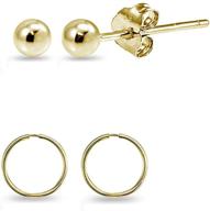 stylish set: 2 pairs of unisex 10mm mini small continuous hoops and tiny 2mm ball bead stud earrings in 14k gold logo