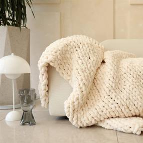 img 2 attached to 🛋️ Queen Size Chunky Knit Blanket Throw - Soft Chenille Yarn Knitted Blanket - Crochet & Cable Knit Throw - Weighted Blanket - 50"x60" - Machine Washable - Beige - Perfect Gift