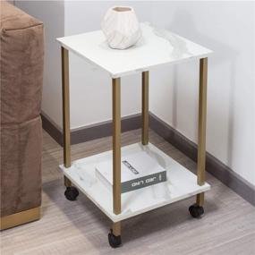 img 3 attached to 🌟 White Marble Accent End Table with 2-Tier Storage and Gold Metal Frame - Living Room and Bedroom Furniture with Castors (White Marble+Gold)