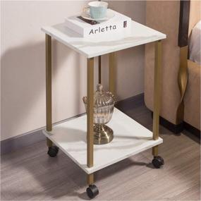 img 2 attached to 🌟 White Marble Accent End Table with 2-Tier Storage and Gold Metal Frame - Living Room and Bedroom Furniture with Castors (White Marble+Gold)