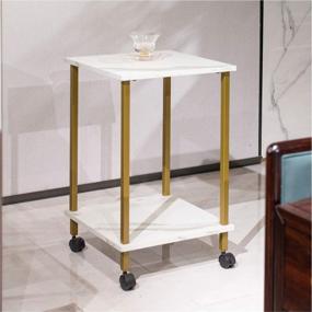 img 1 attached to 🌟 White Marble Accent End Table with 2-Tier Storage and Gold Metal Frame - Living Room and Bedroom Furniture with Castors (White Marble+Gold)