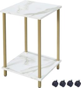 img 4 attached to 🌟 White Marble Accent End Table with 2-Tier Storage and Gold Metal Frame - Living Room and Bedroom Furniture with Castors (White Marble+Gold)