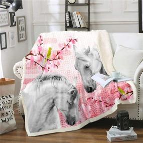 img 4 attached to Horse Fleece Throw Blanket for Girls Boys Teens | 3D Animal Theme Sherpa Blanket | Kids Cherry Blossoms Plush Blanket | Cute Pink Floral Room Decor | Horse Lover Farmhouse Style | Fuzzy Blanket Throw | 50x60 Inch