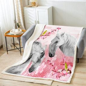 img 3 attached to Horse Fleece Throw Blanket for Girls Boys Teens | 3D Animal Theme Sherpa Blanket | Kids Cherry Blossoms Plush Blanket | Cute Pink Floral Room Decor | Horse Lover Farmhouse Style | Fuzzy Blanket Throw | 50x60 Inch