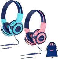 🎧 2-pack simolio kids headphones with mic, volume limited and safe for boys and girls, wired on-ear headphones for school, travel - mint and pink логотип